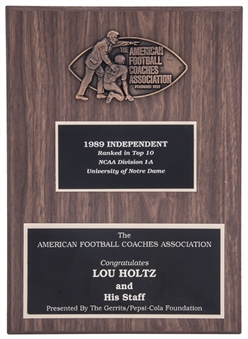 1989 The American Football Coaches Association "Top 10" Congratulatory Plaque Presented To Lou Holtz and His Staff (Holtz LOA)